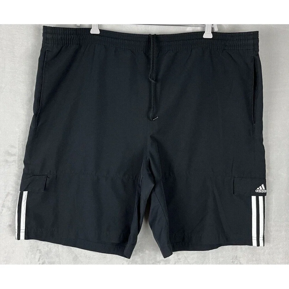 ADIDAS Men Short VTG XL Black Cargo Pocket 3 Stripe Drawstring Loose Outdoor Y2K